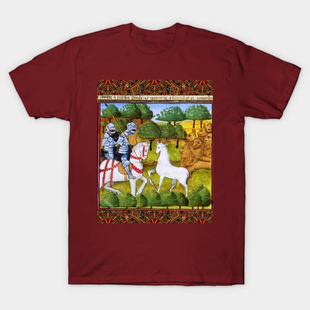 Lancelot and Mordred Crossing a White Stag Escorted by Lions,Arthurian Legends Medieval Miniature T-Shirt by BulganLumini